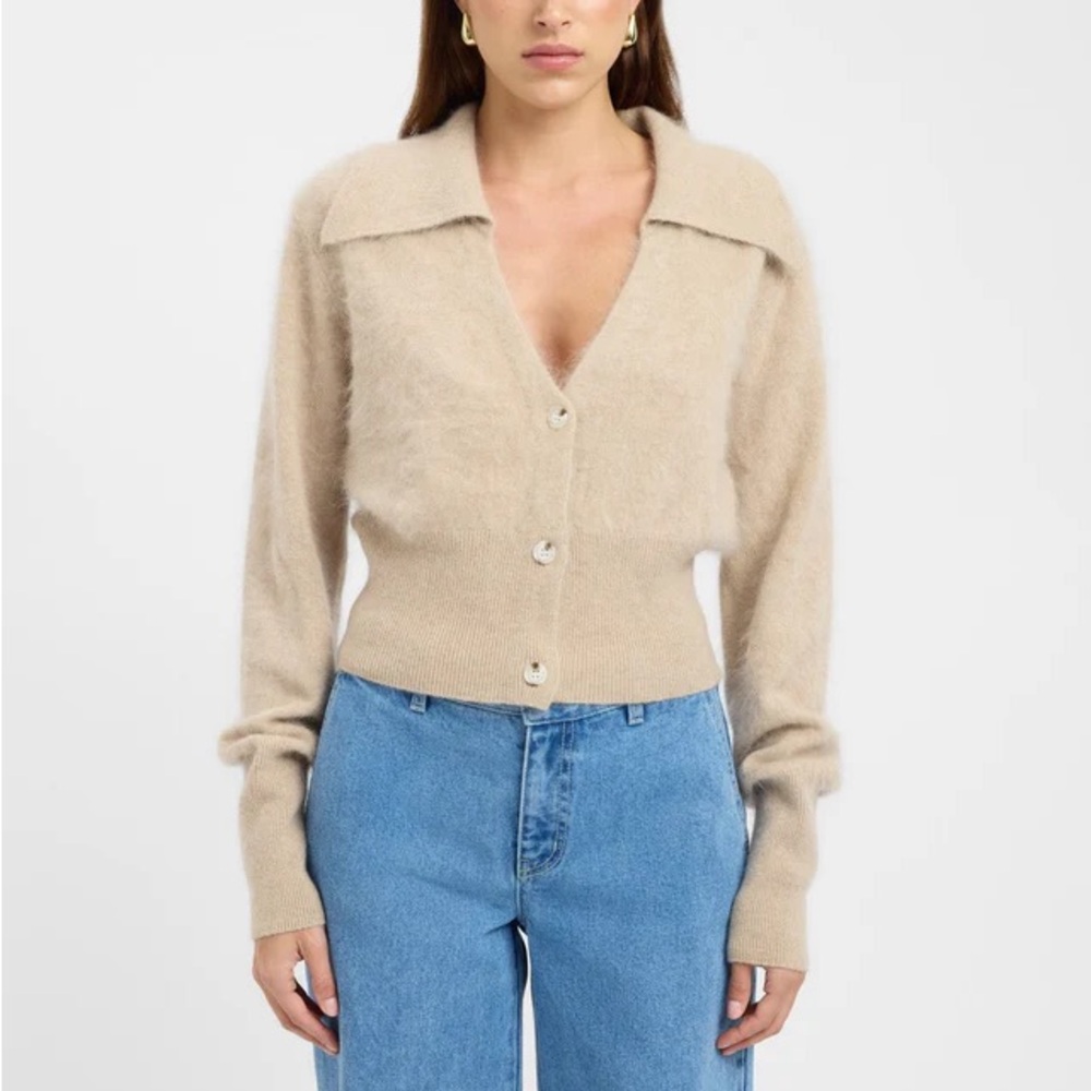 Kookai Beige V-Neck Button-Front Collared Sweater